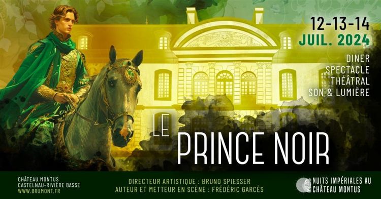 L'affiche de Prince Noir représentant le prince vêtu d'une cape verte sur son cheval, devant la façade du château